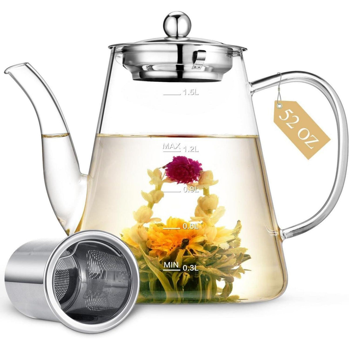 Teekanne Glas 1,5L mit herausnehmbarem Sieb für losen Tee