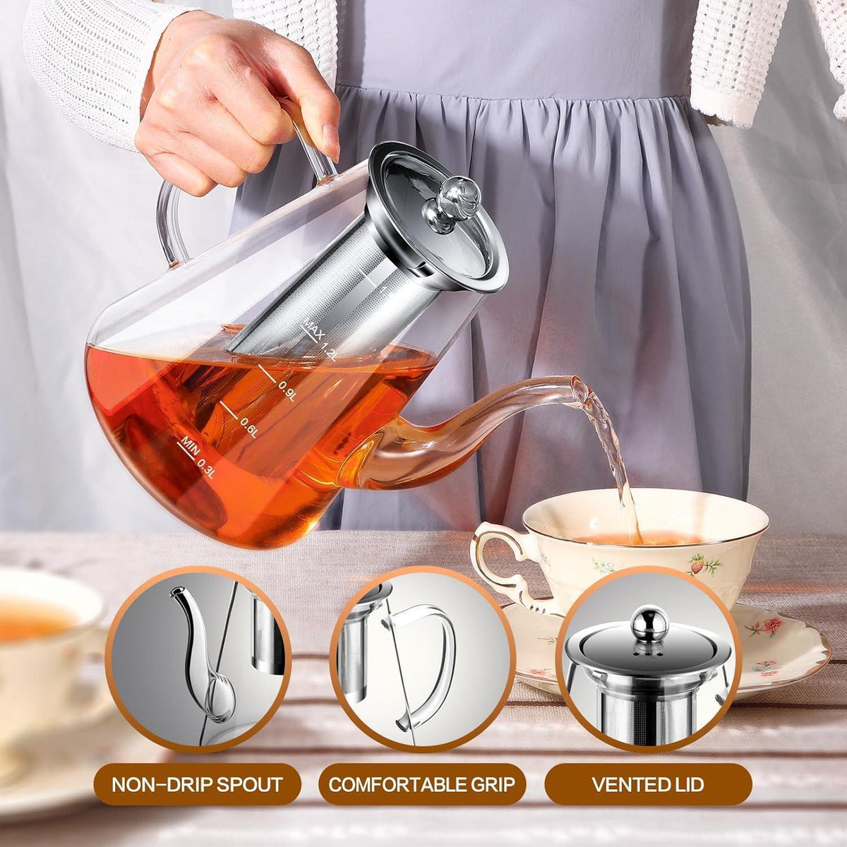 Teekanne Glas 1,5L mit herausnehmbarem Sieb für losen Tee