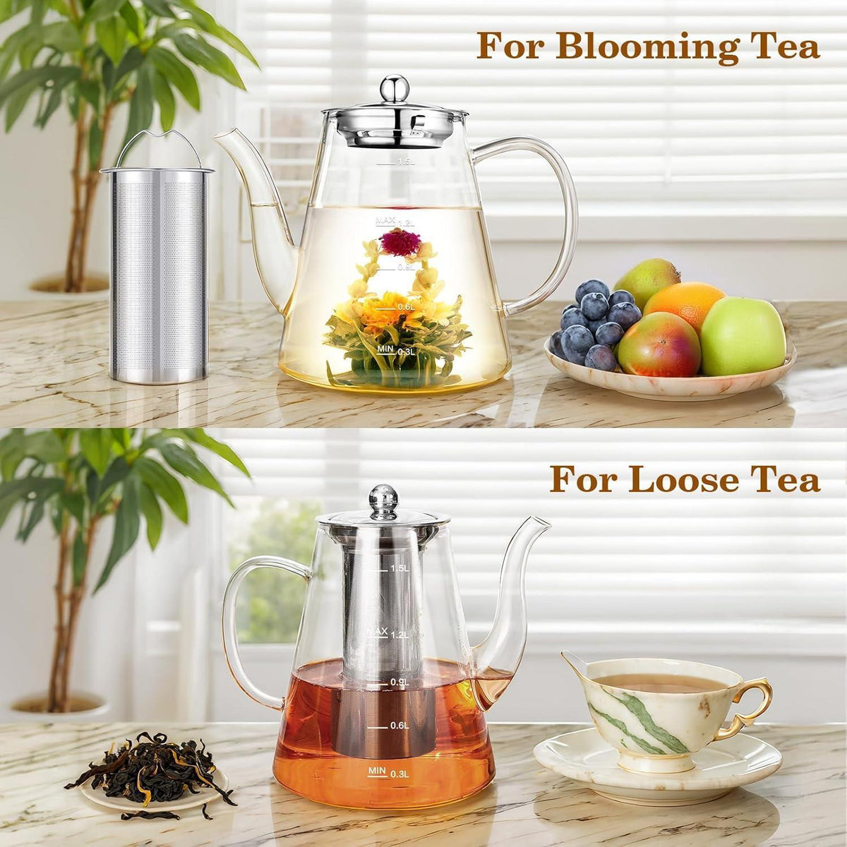 Teekanne Glas 1,5L mit herausnehmbarem Sieb für losen Tee
