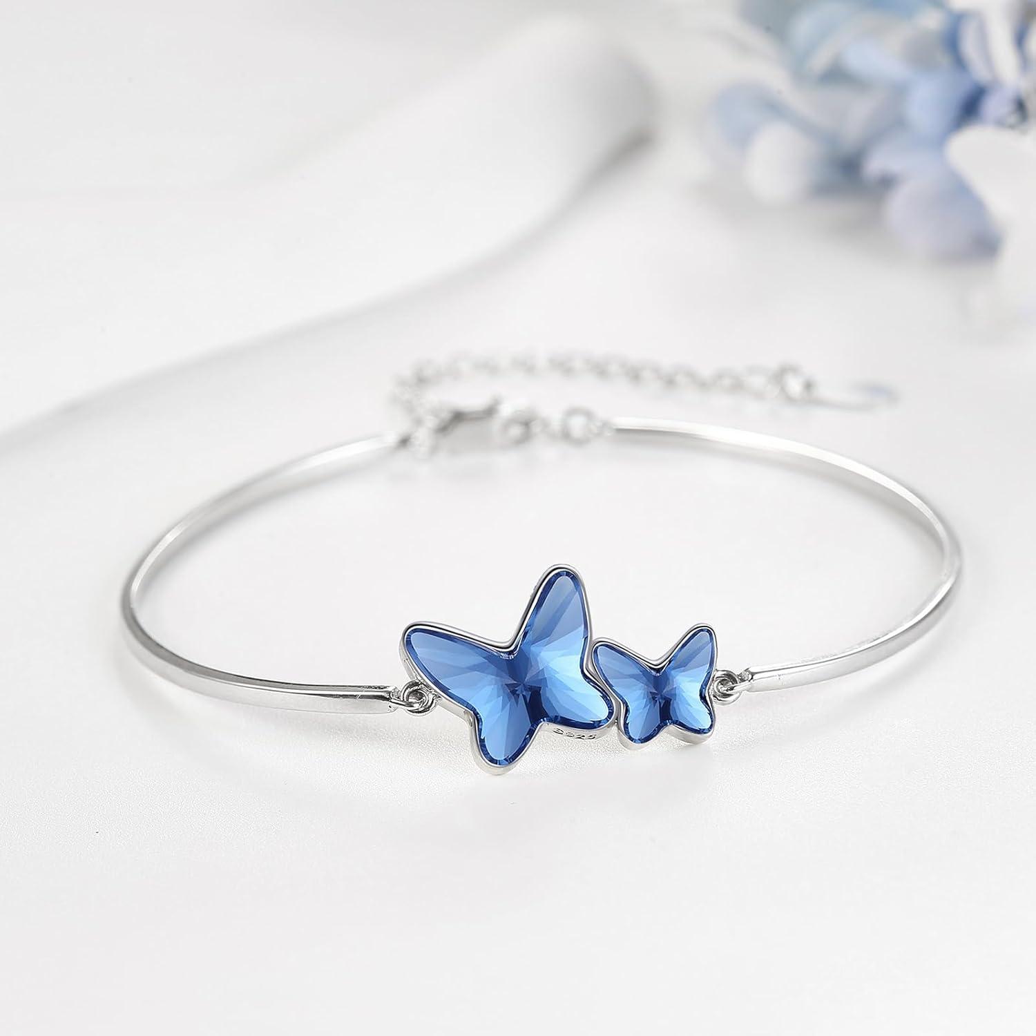 925 Sterling Silber Armband Blau Kristall Delphin Schmetterling