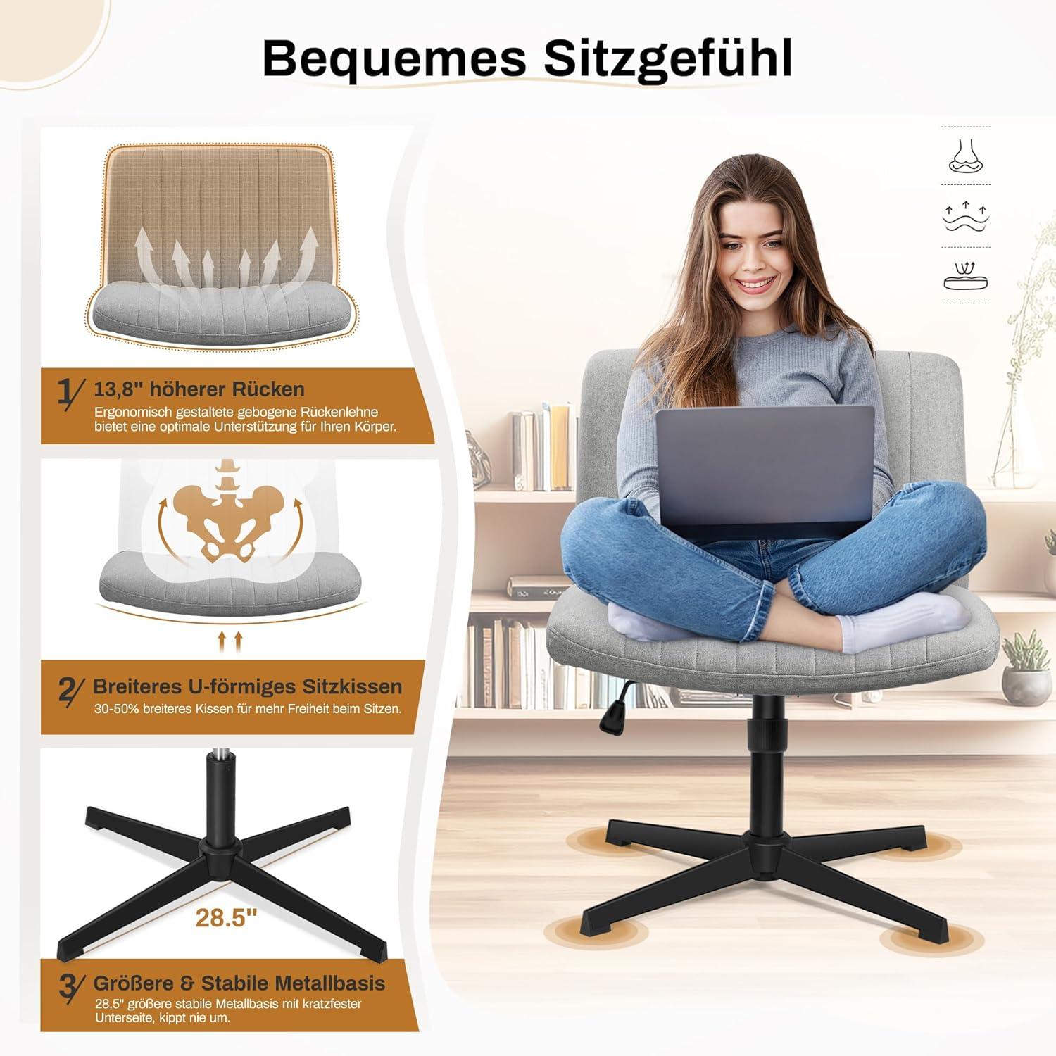 KERDOM Bürostuhl ohne Rollen Höhenverstellbarer Schreibtischstuhl Bequem mit Breitem Sitzkissen
