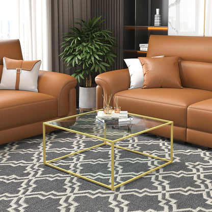 Huhote Couchtisch Glas Quadratisch Gold Moderne Wohnzimmer 67x67