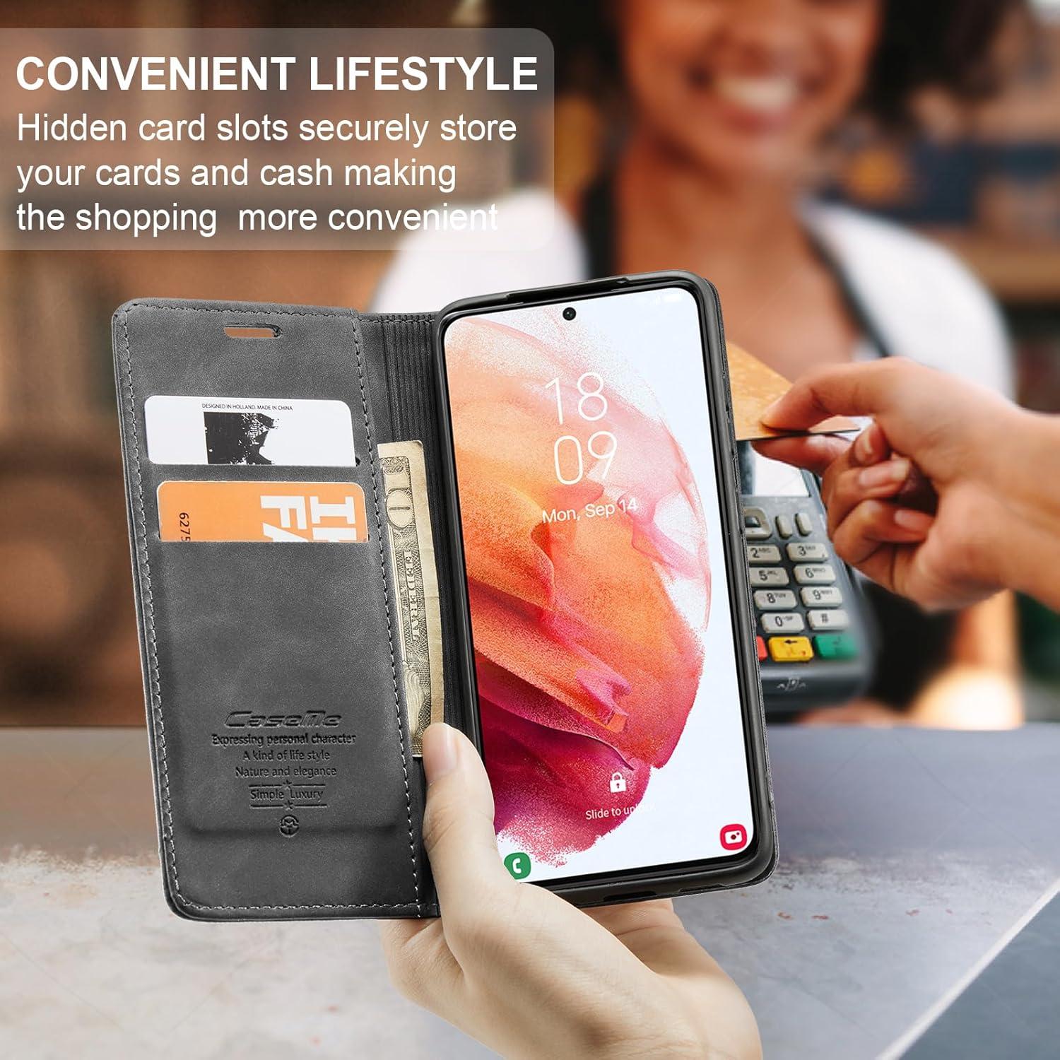 Samsung Galaxy S21 Hülle - Premium Leder Flip Case mit Standfunktion, Kartenfach, Magnet - Grau
