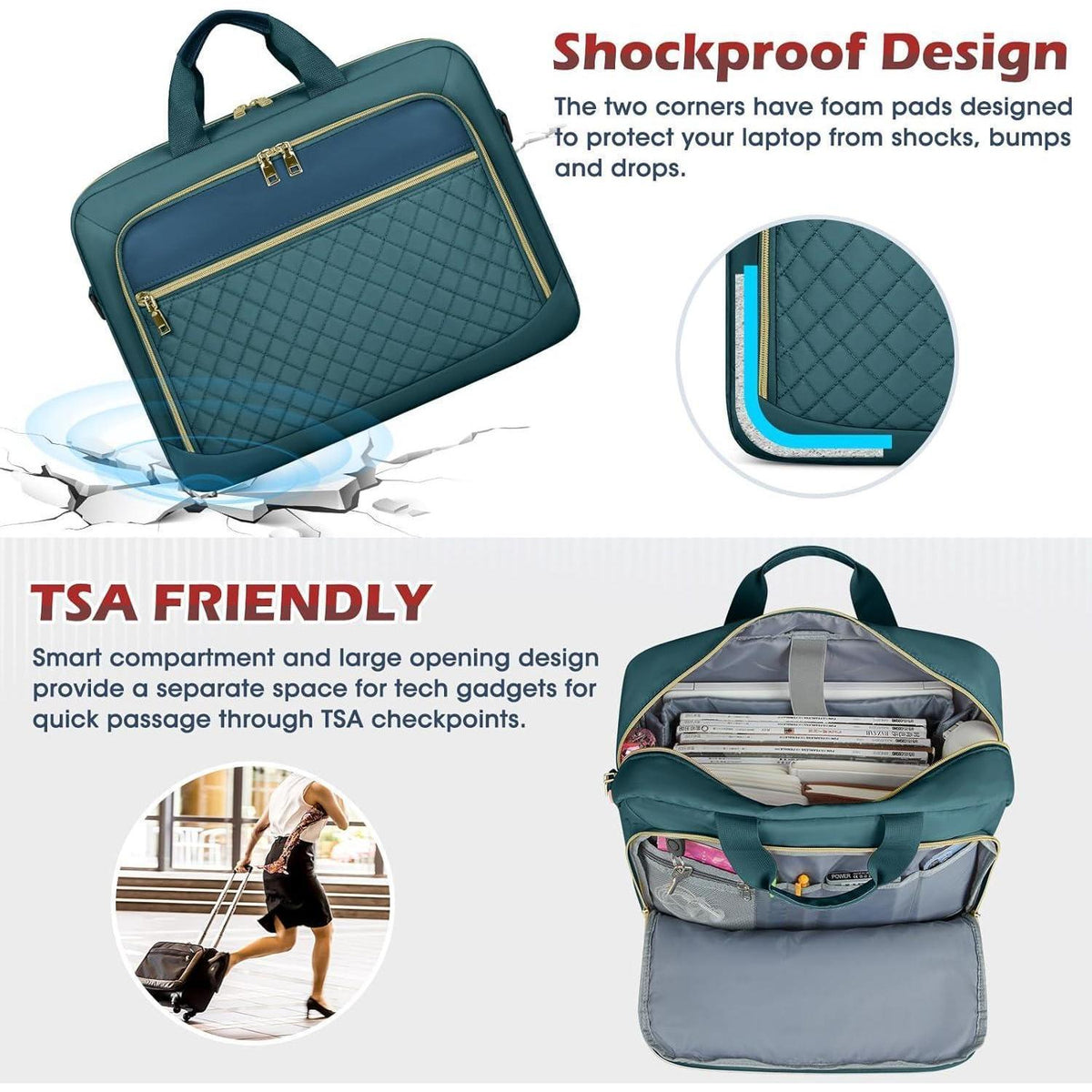 Laptoptasche 17,3 Zoll Damen, wasserdicht, Business, Grün