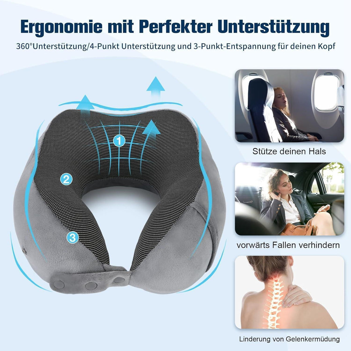 Reisekissen Memory Foam Nackenkissen Flugzeug Verstellbar Grau