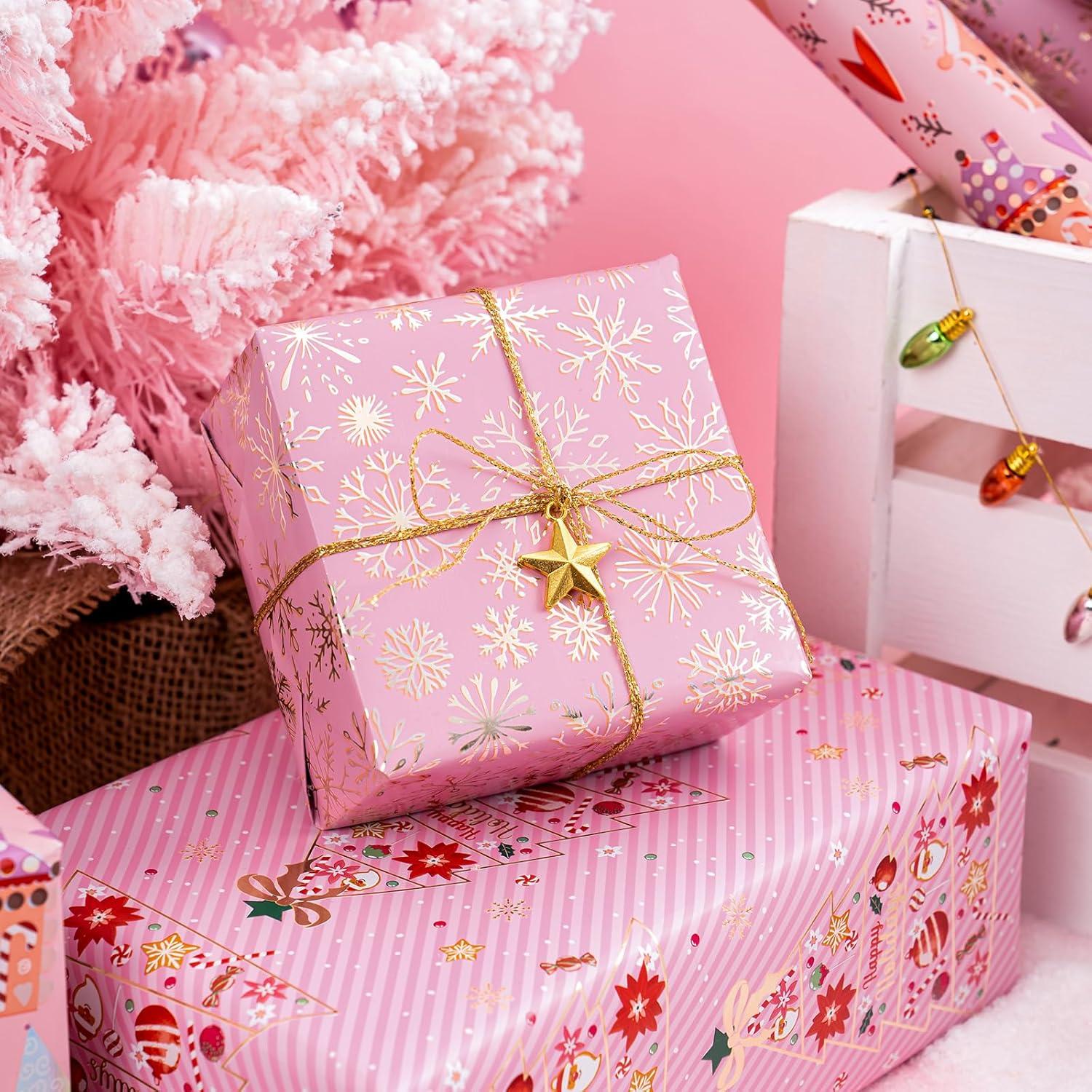 Weihnachtsgeschenkpapierrolle 3 Rollen 43,2 cm x 3 m - Rosa Design mit