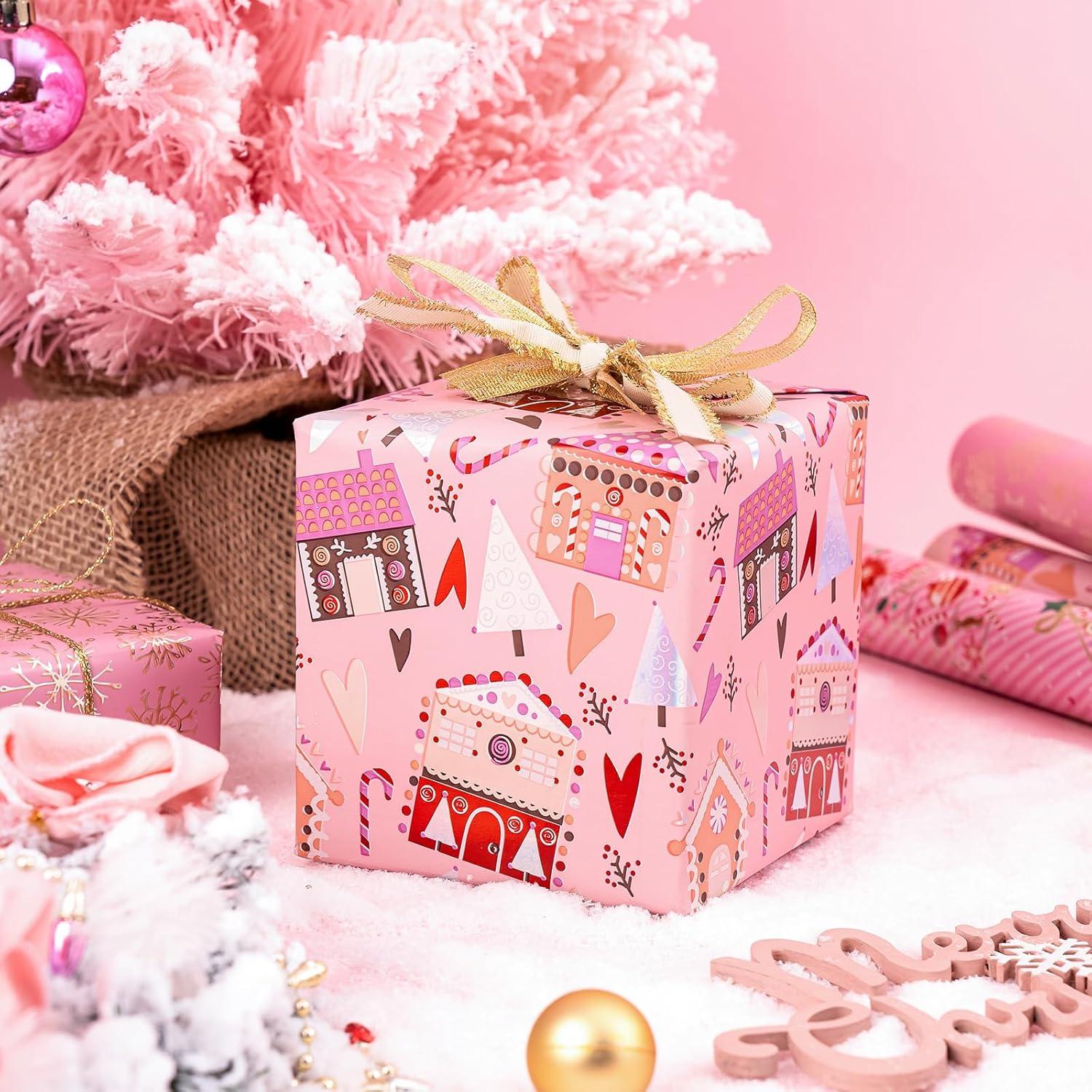 Weihnachts-Geschenkpapierrolle Rosa Schneeflocken Haus Mini-Rolle 3 Rollen 43,2 cm x 3 m