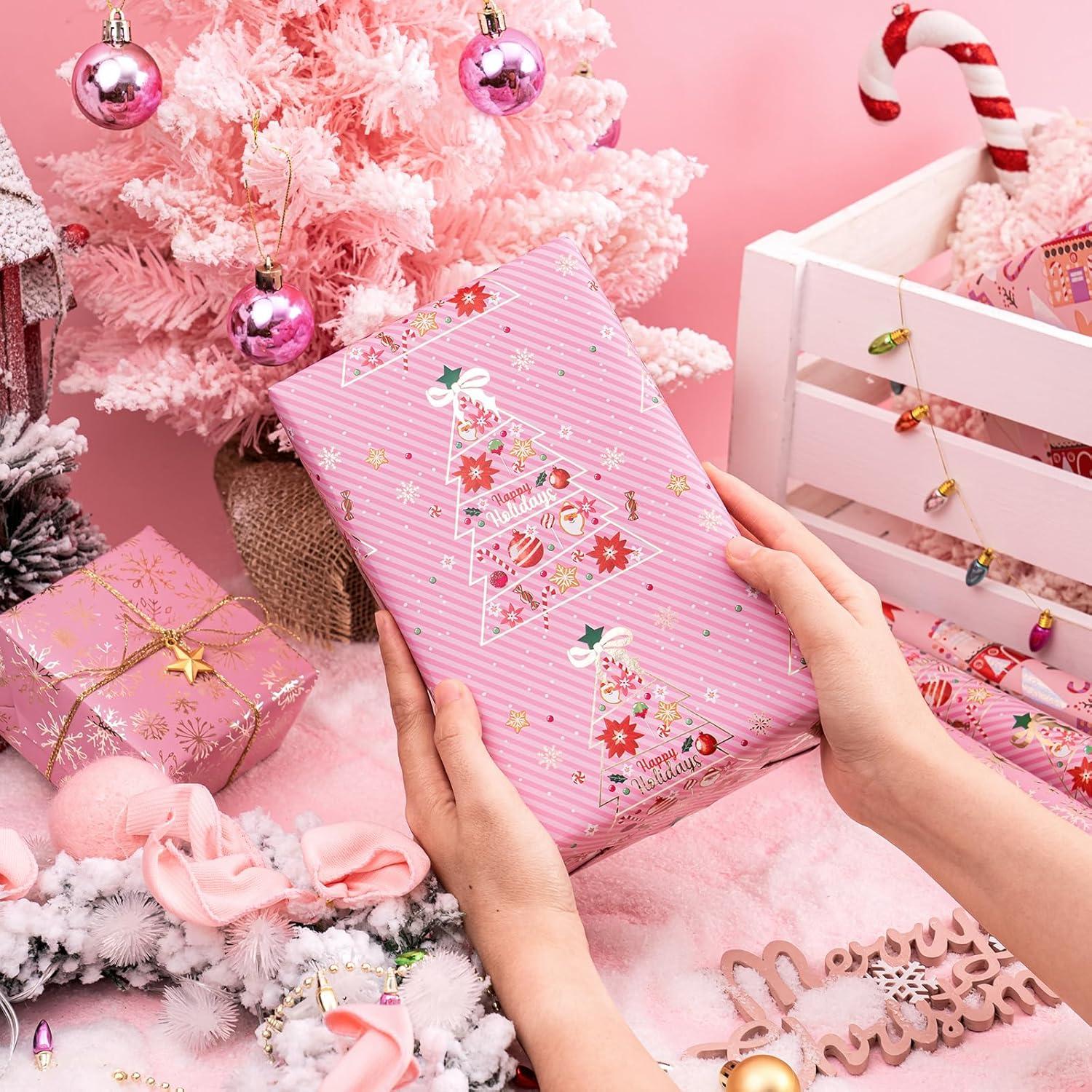 RUSPEPA Weihnachtsgeschenkpapier Mini-Rolle 3er Set 43,2 cm x 3 m rosa