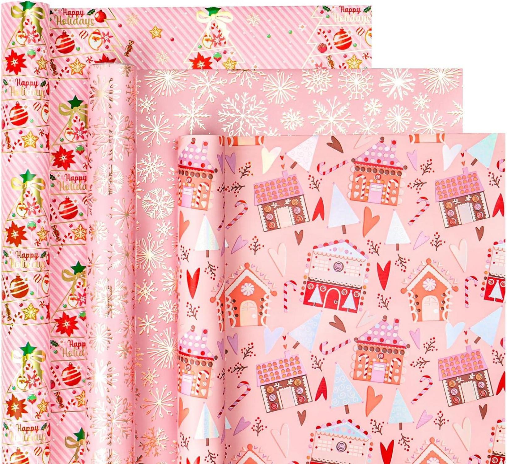 RUSPEPA Weihnachtsgeschenkpapier Mini-Rolle 3er Set 43,2 cm x 3 m rosa