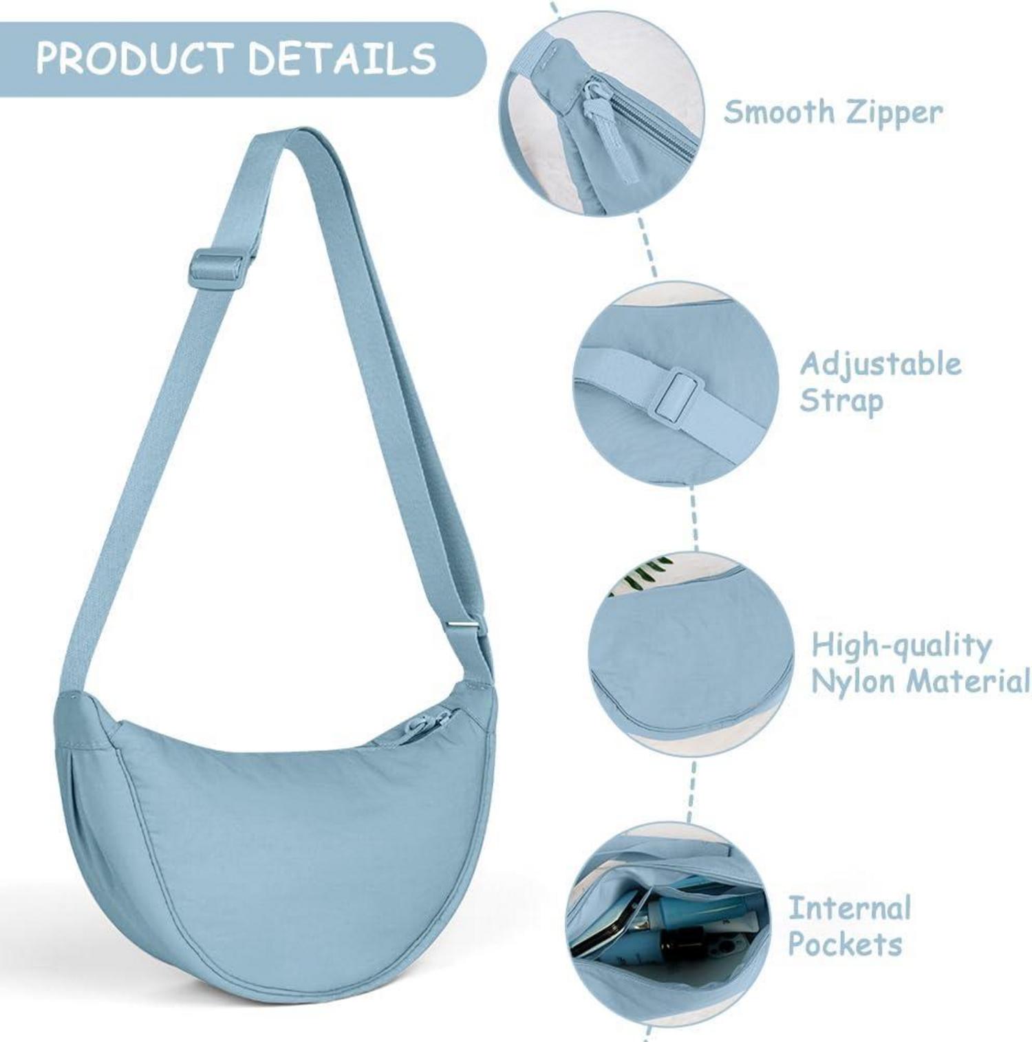 Aucuu Damen Halbmond Crossbody Schultertasche Blau Nylon Verstellbarer Schultergurt Reisen