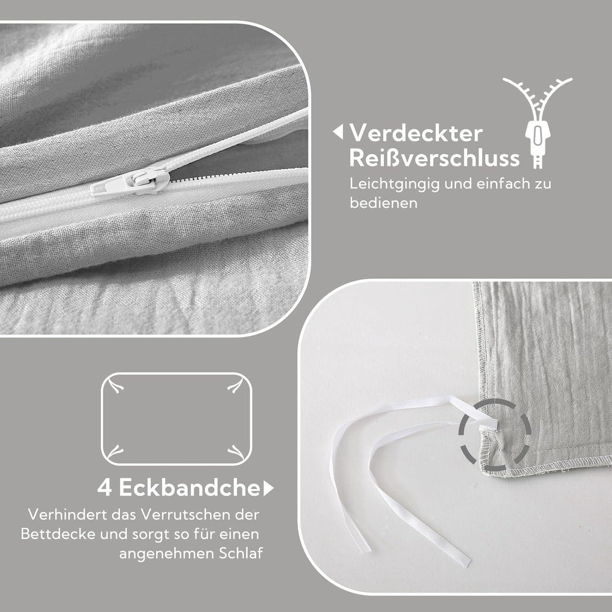 Bettwäsche-Set Doppeltes Musselin Baumwolle Hellgrau 155x220