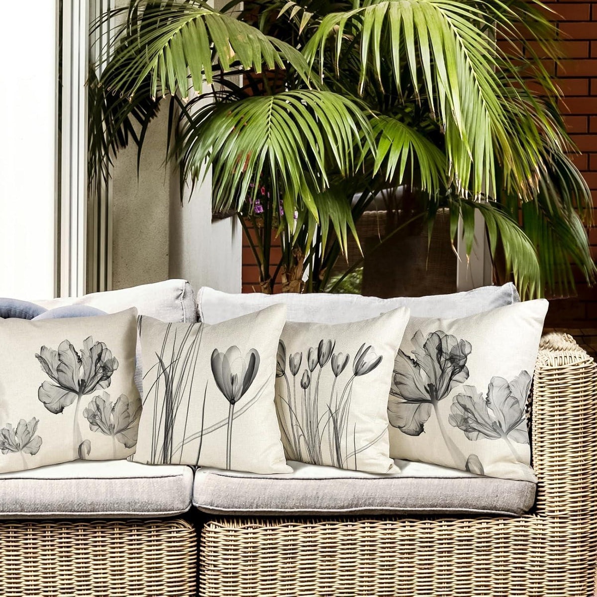 Blumen Kissenbezug 50x50 - 4er Set Leinen Outdoor Deko