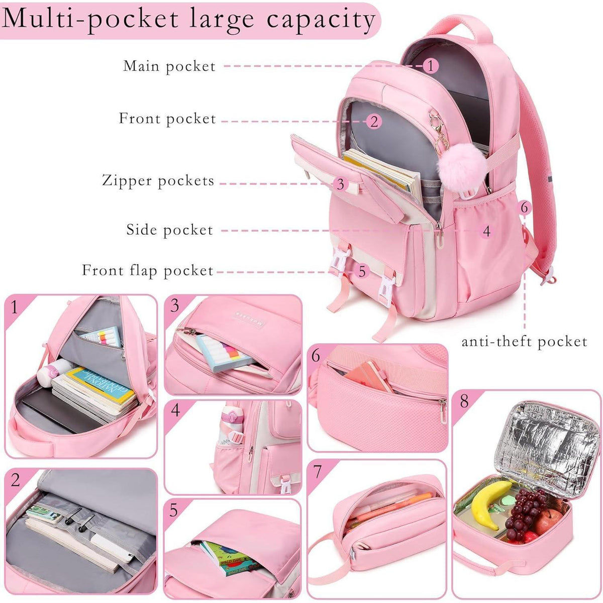 Schulranzen-Set Mädchen Teenager Rucksack Schule 30L Lila