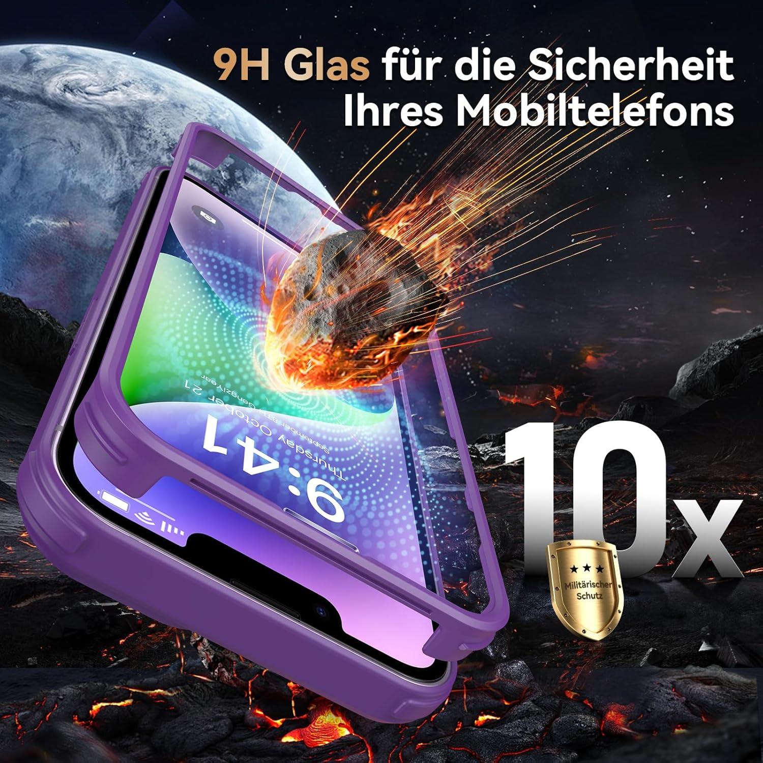 Kmofizle 360 Grad iPhone 14 Hülle mit Glas Schutzfolie - Violett