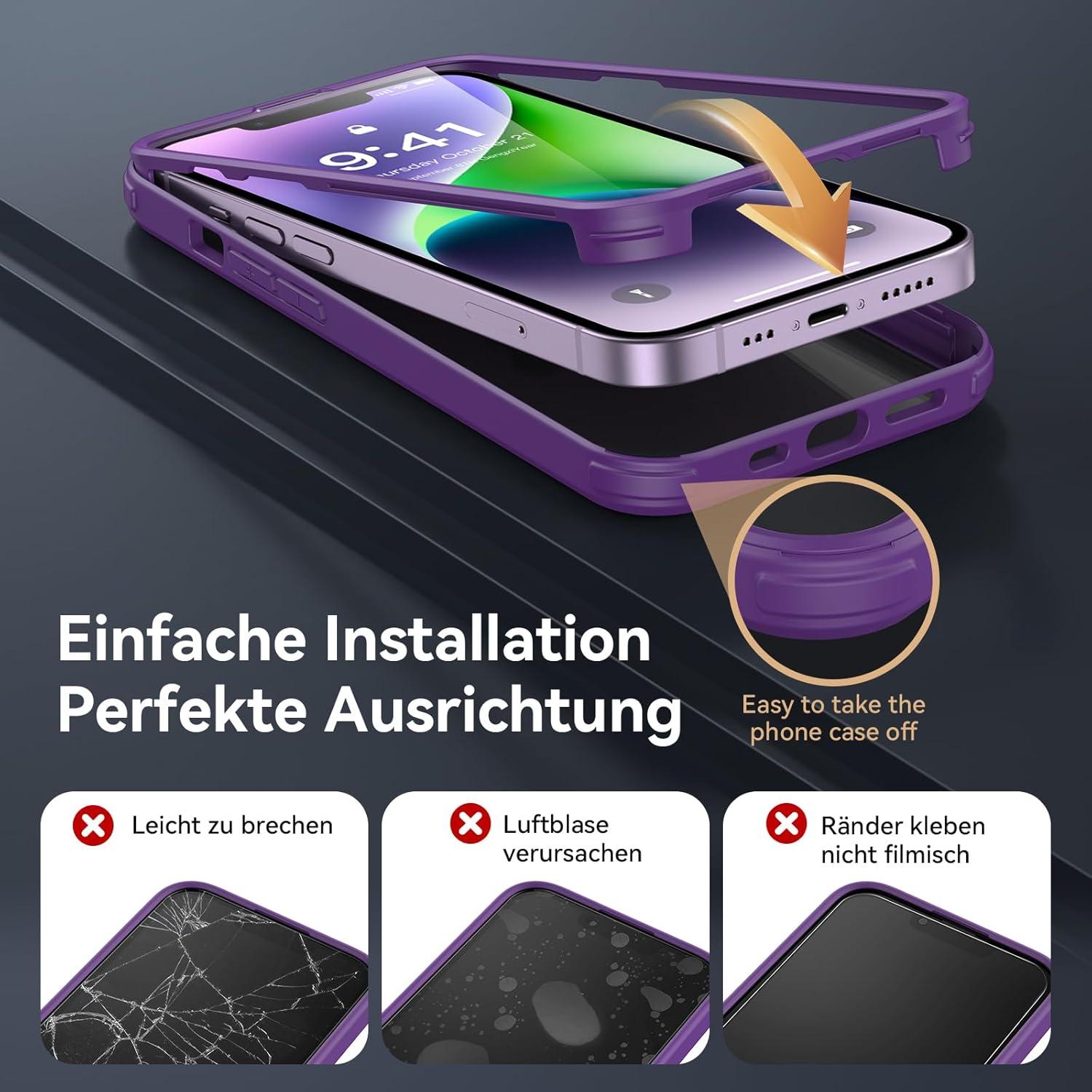 Hülle für iPhone 14 mit 360 Grad Schutz und Glasfolie - Stoßfest - Violett