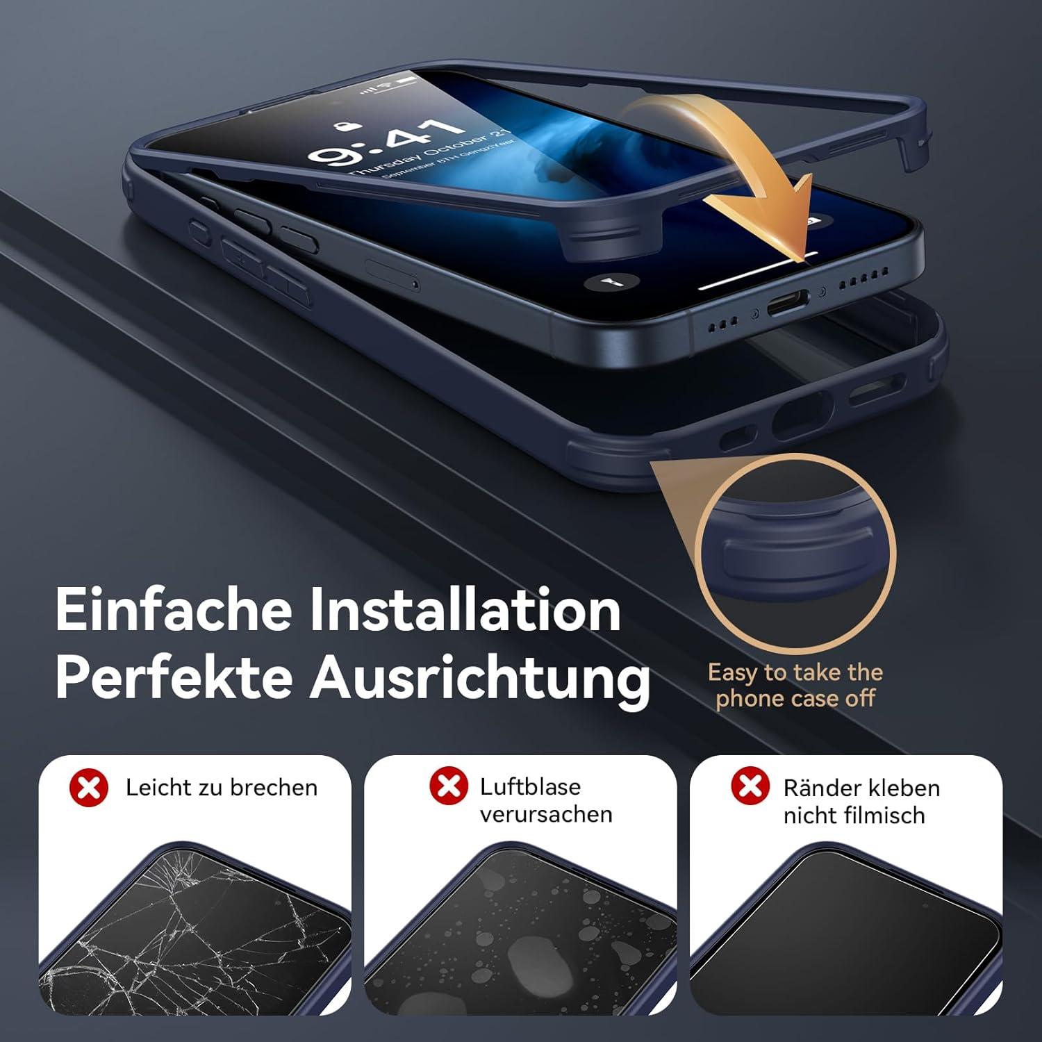 Kmofizle iPhone 15 Pro Max Hülle 360 Grad Stoßfest Blau Glasschutz Kameraschutz