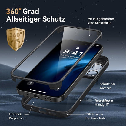 Hülle für iPhone 15 Pro Max schwarz 360 Grad Schutzfolie Kameraschutz