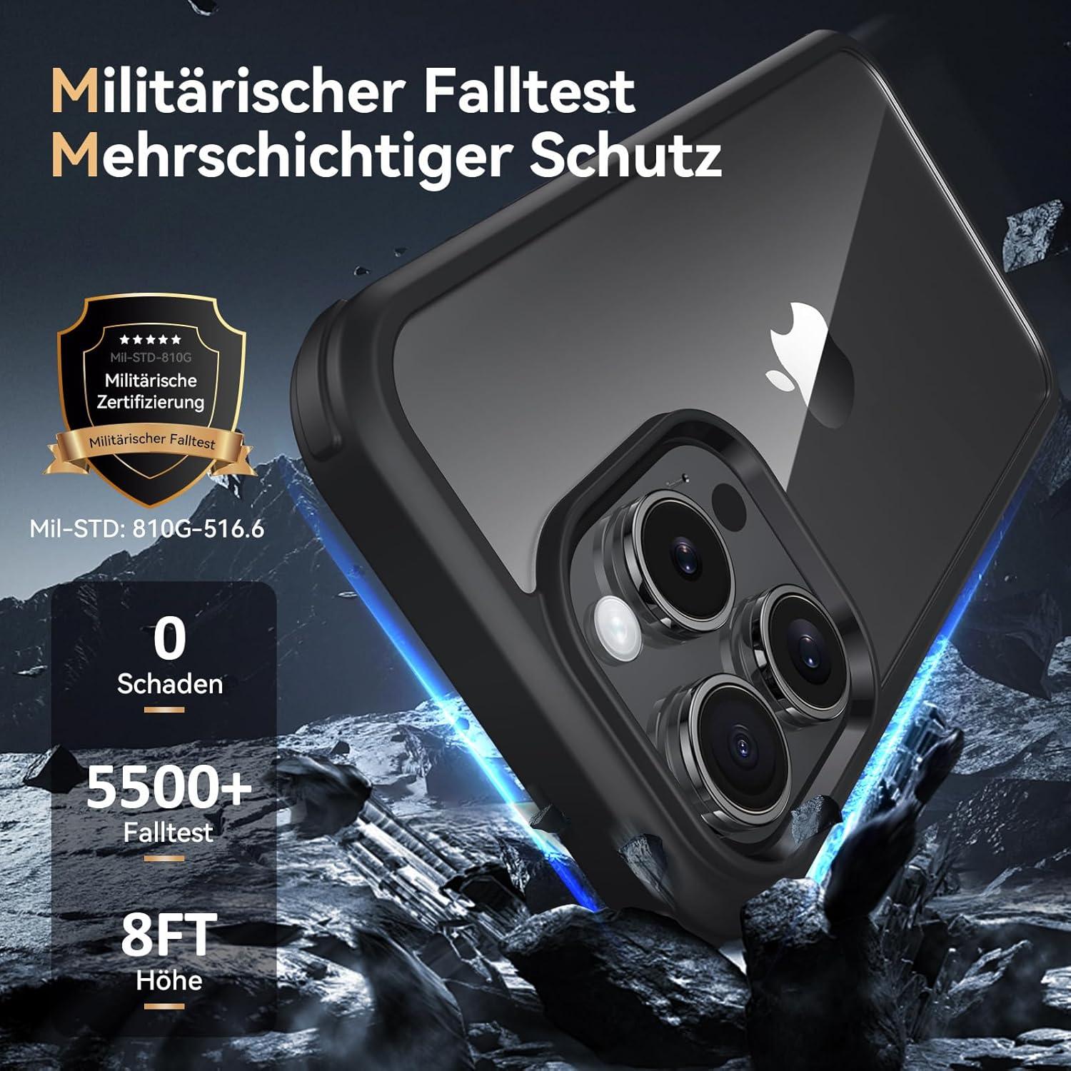 360 Grad iPhone 15 Pro Max Hülle mit Glas Schutzfolie und Kameraschutz