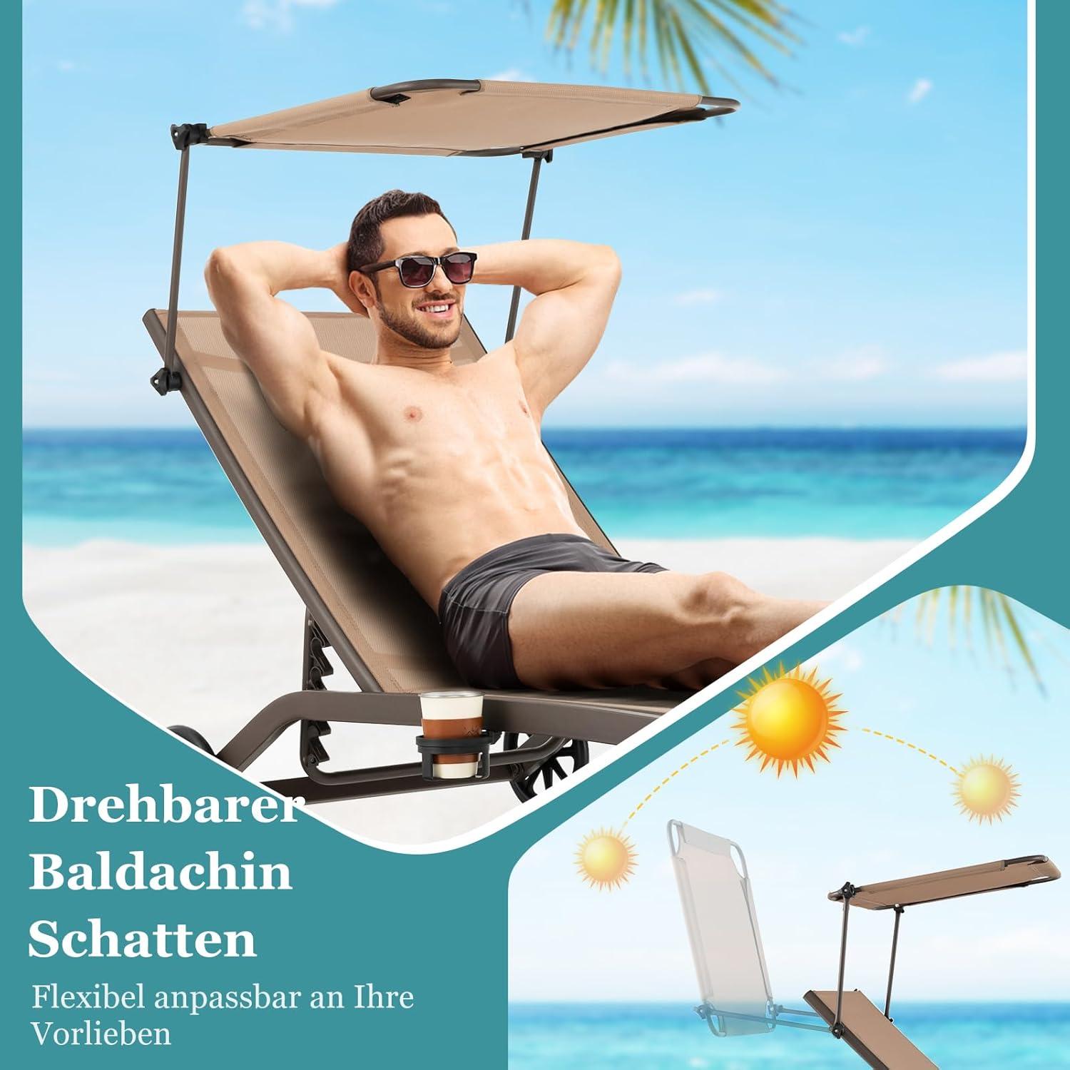 Gartenliege mit Dach und Rollen, bis 150kg belastbar