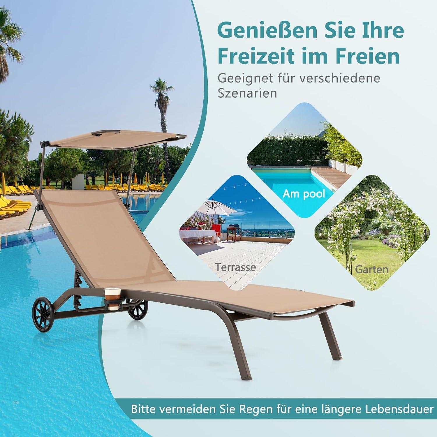 Gartenliege Sonnenliege Dach Rollen Getränkehalter verstellbar