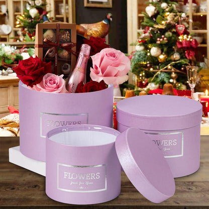 3er Set Runde Blumen-Geschenkbox mit Deckel Schwarz Ø15/17/20cm