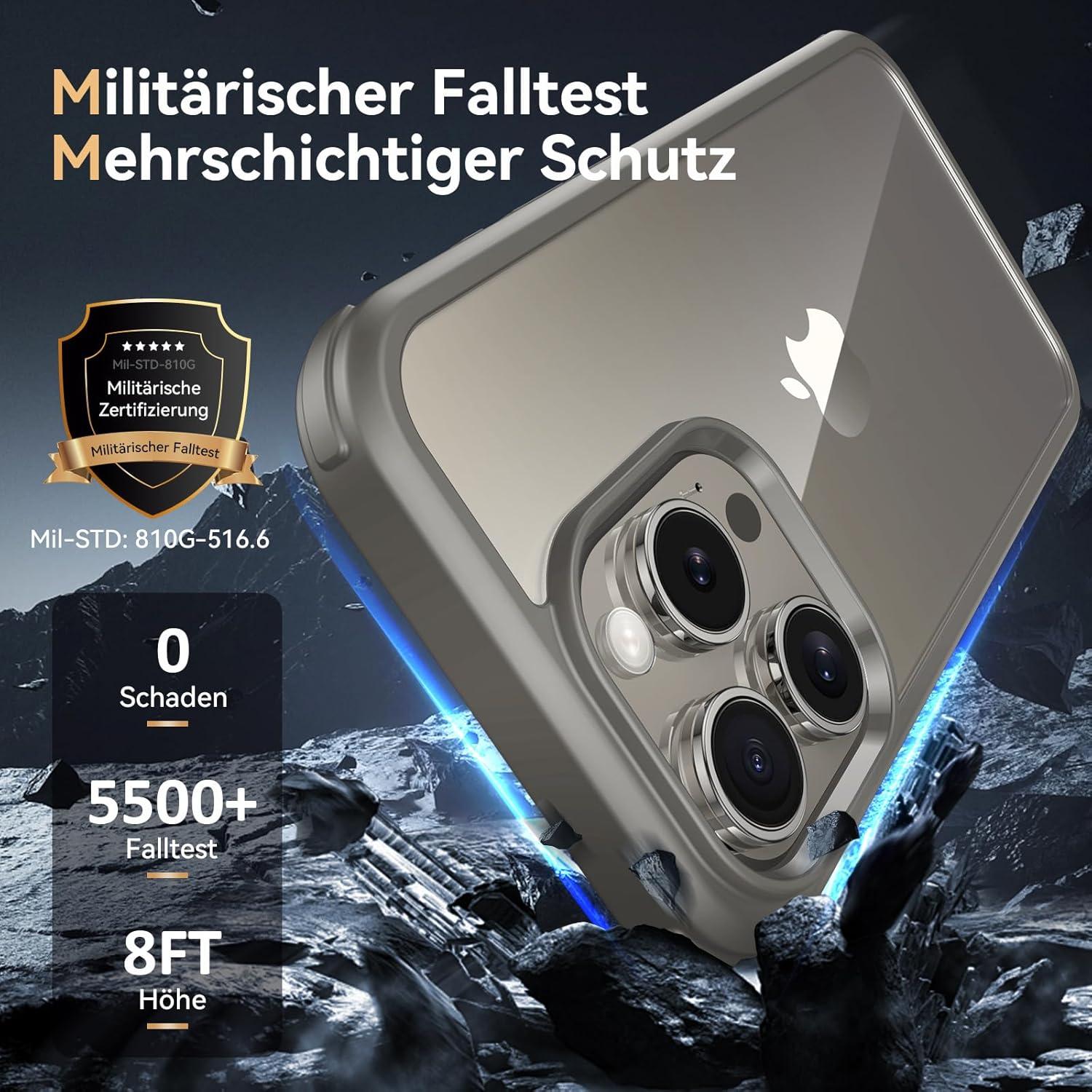 Kmofizle iPhone 15 Pro Max Hülle 360 Grad Glas Stoßfest Grau