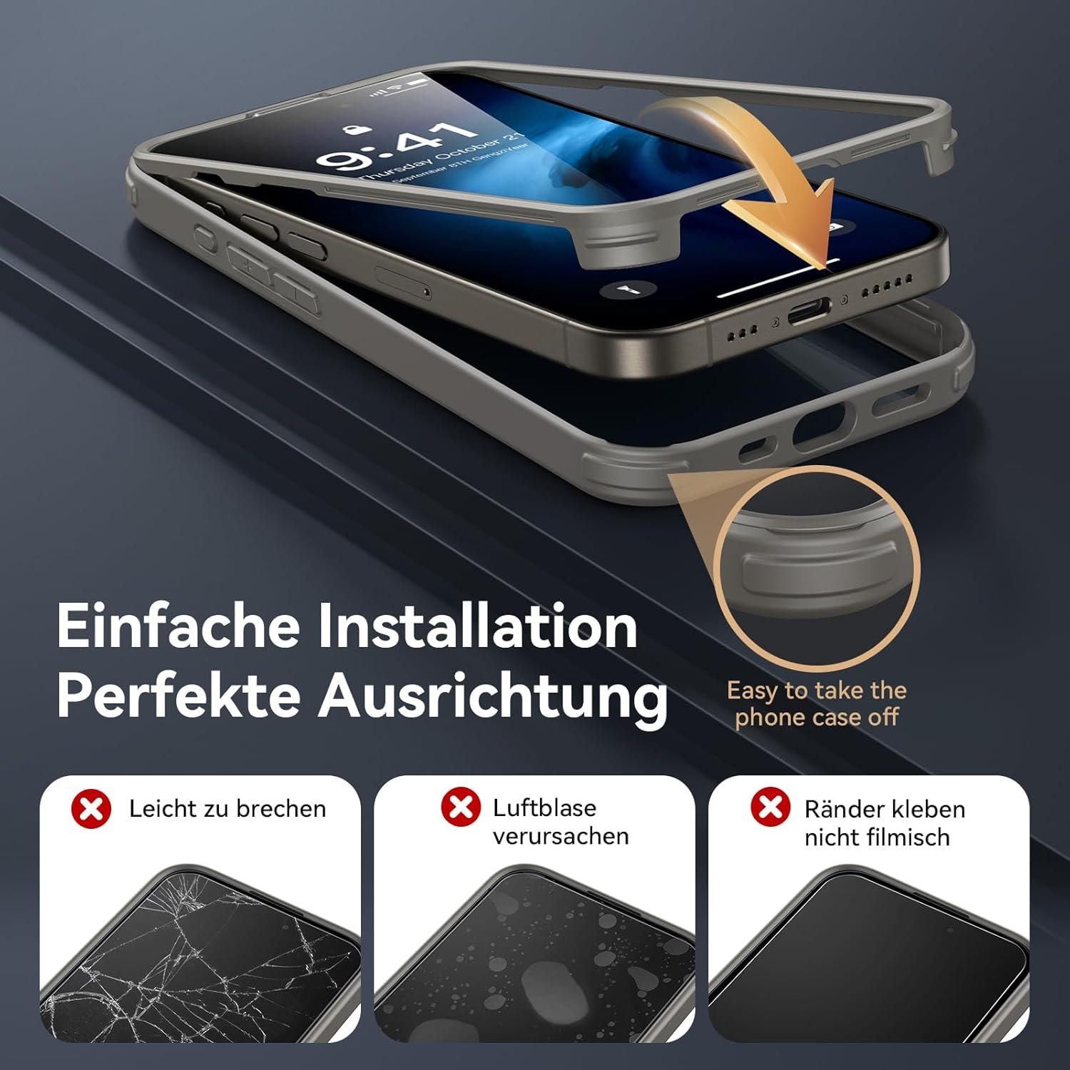 Stoßfeste 360 Grad Fullbody Hülle mit Glas für iPhone 15 Pro Max - Grau
