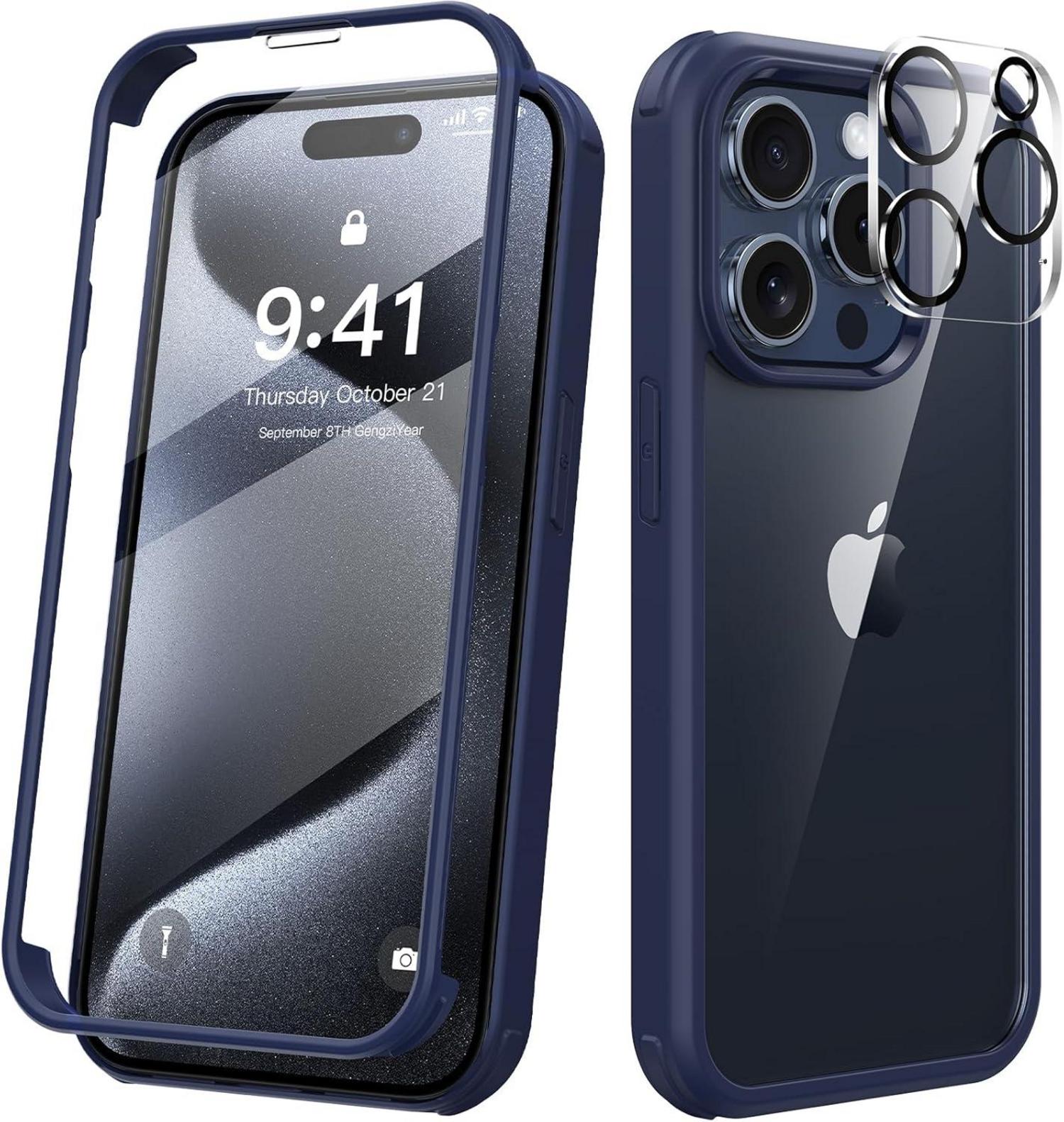 iPhone 15 Pro Hülle 360 Grad Fullbody mit Glas Schutzfolie - Blau