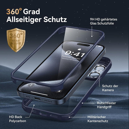 iPhone 15 Pro Hülle 360 Grad Fullbody mit Glas Schutzfolie - Blau