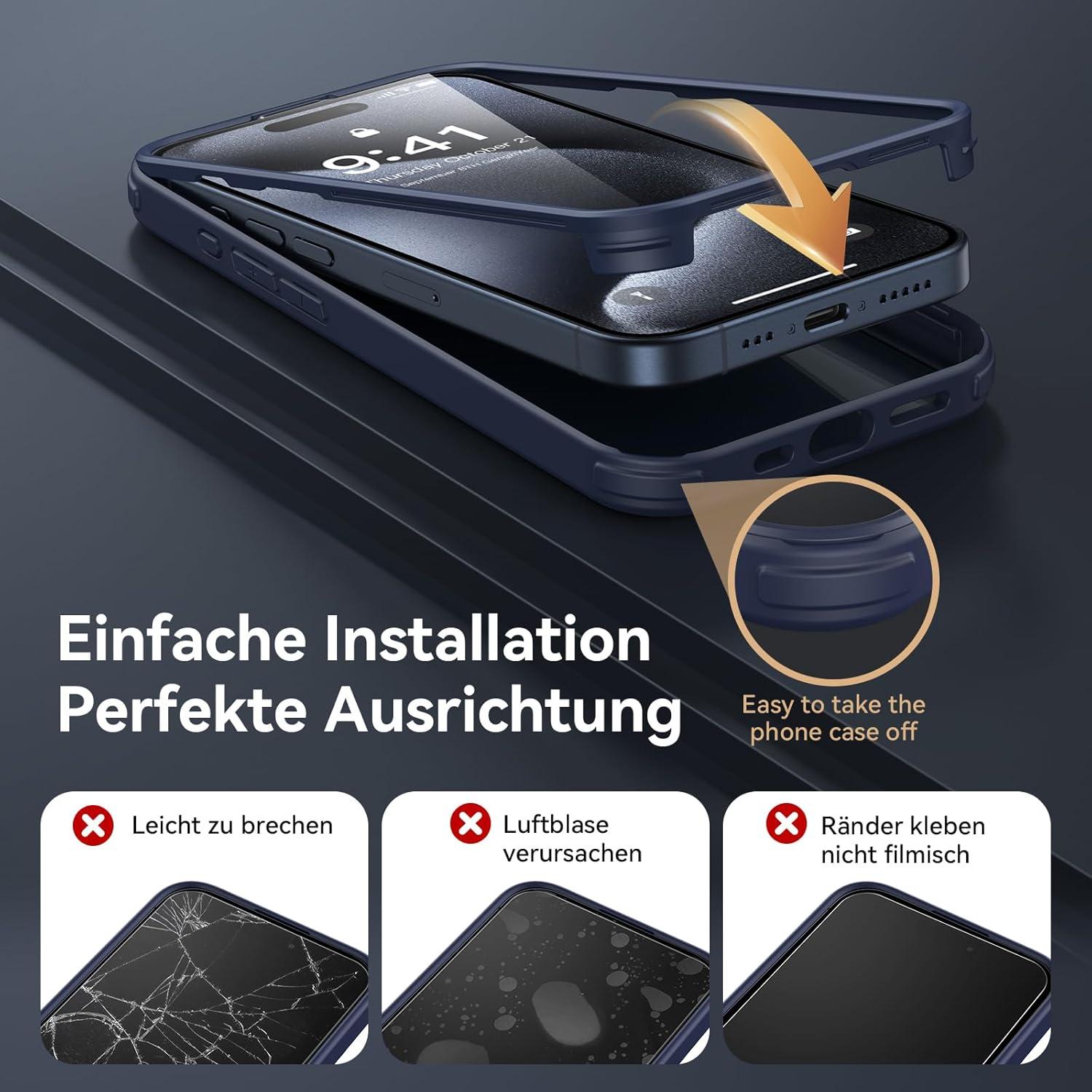 360 Grad Fullbody Hülle für iPhone 15 Pro mit Glas Schutzfolie - Blau