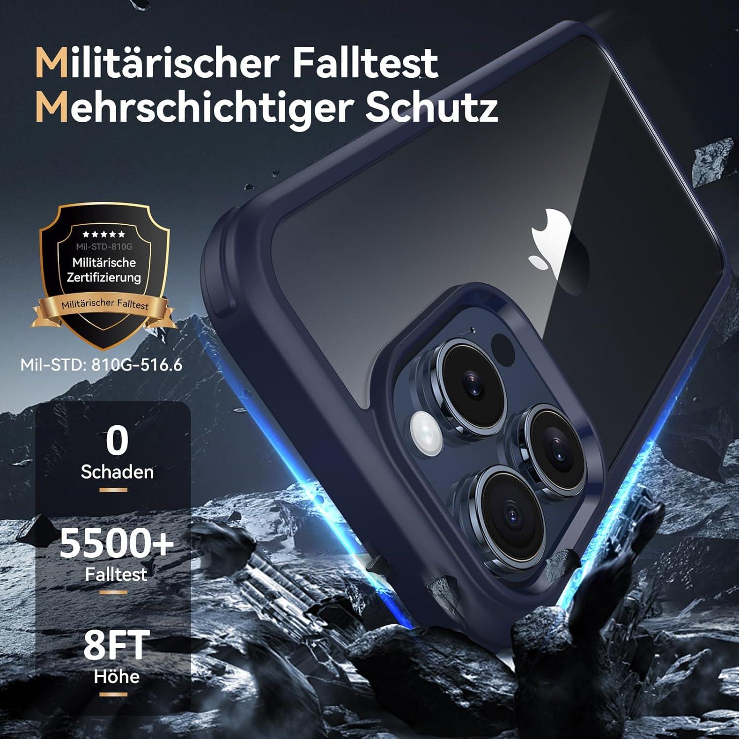 360 Grad für iPhone 15 Pro Hülle Eingebaut Glas Kameraschutz Blau