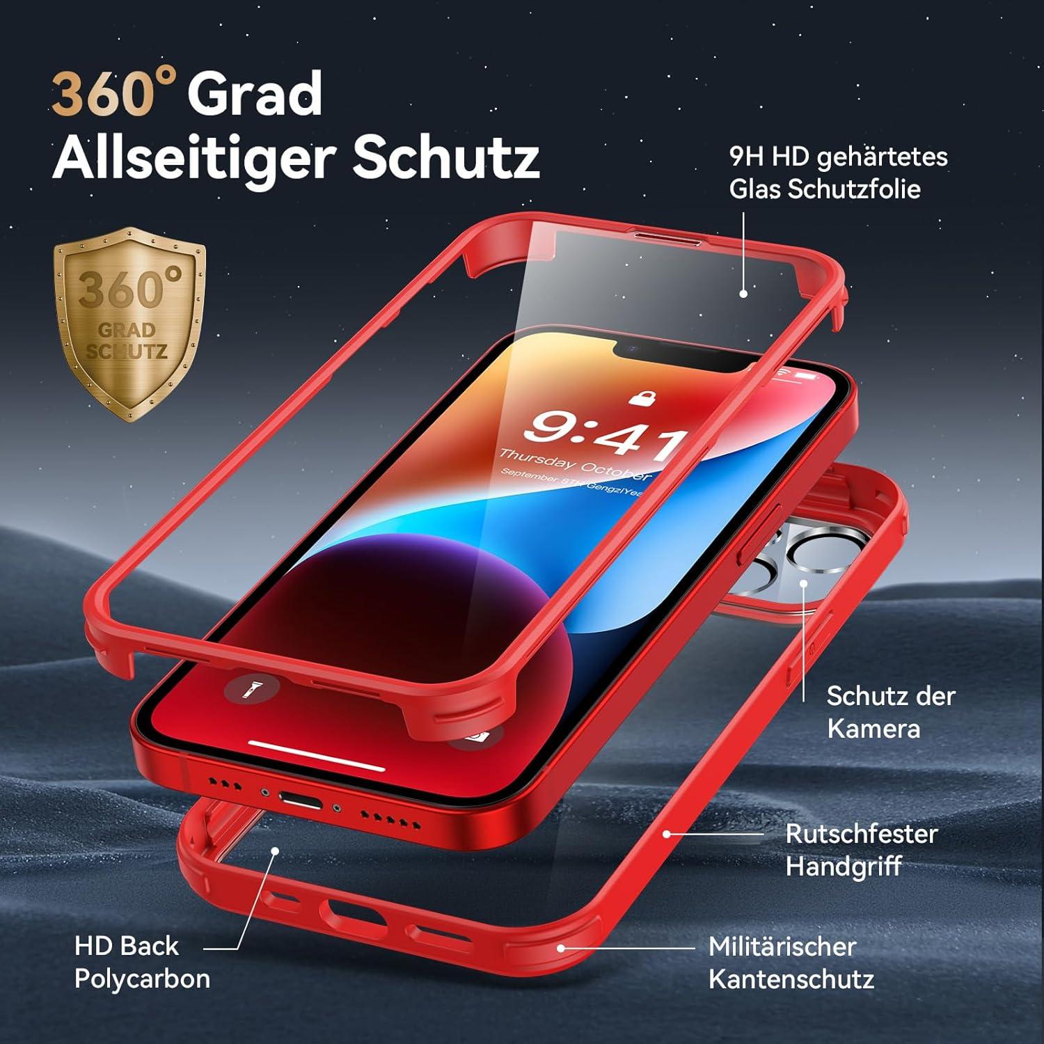 iPhone 14 Hülle 360 Grad Stoßfest Fullbody Handyhülle mit Glas