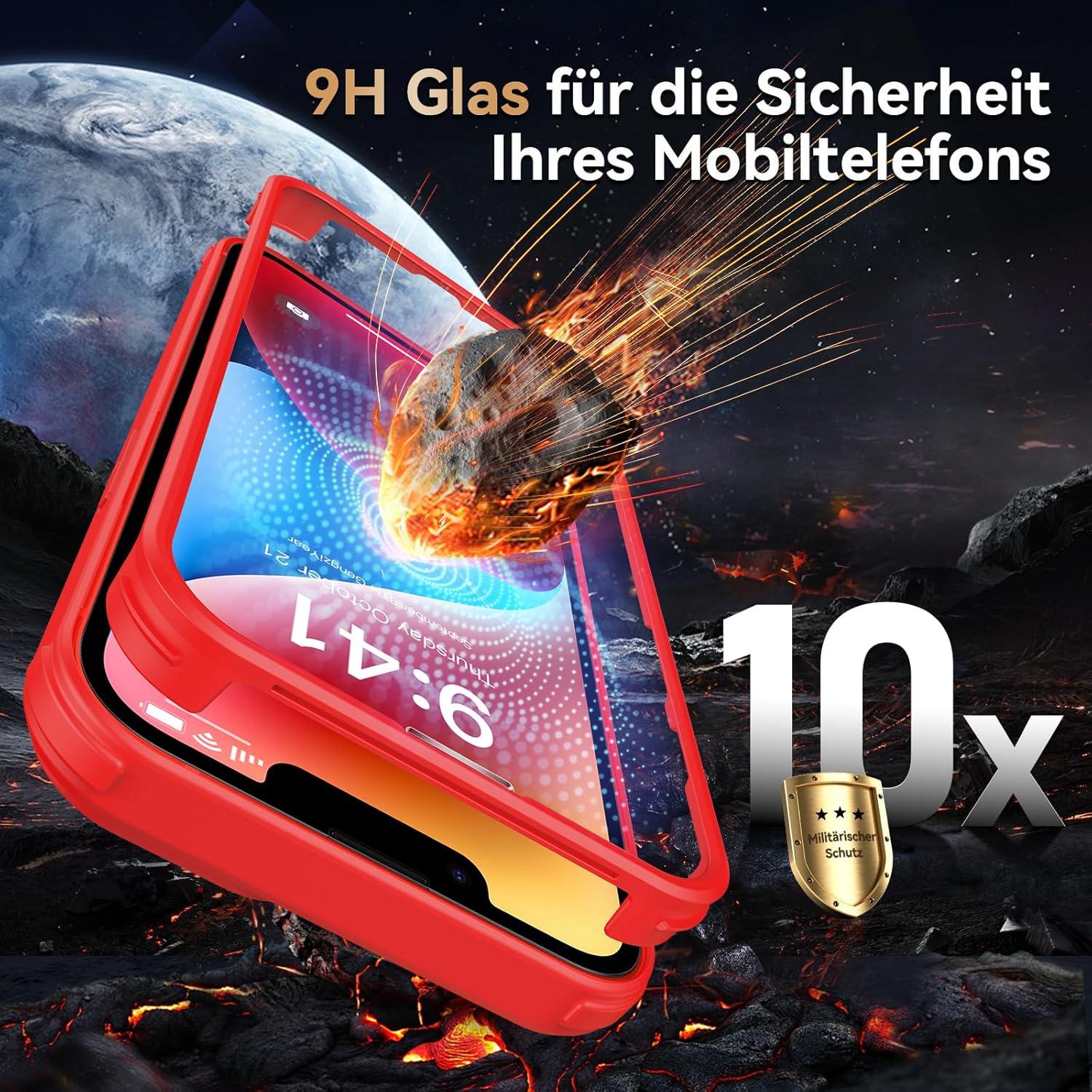 Kmofizle iPhone 14 Hülle 360 Grad Stoßfest Fullbody Schutzhülle mit Glasfolie - Rot