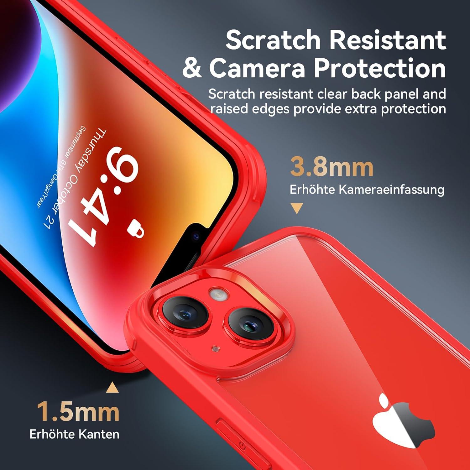 360 Grad iPhone 14 Hülle Stoßfest Schutzglas Fullbody Rot 6.1 Zoll