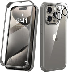 Kmofizle 360 Grad iPhone 15 Pro Hülle Glas Kameraschutz Gray