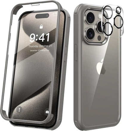 Kmofizle 360 Grad iPhone 15 Pro Hülle Glas Kameraschutz Gray