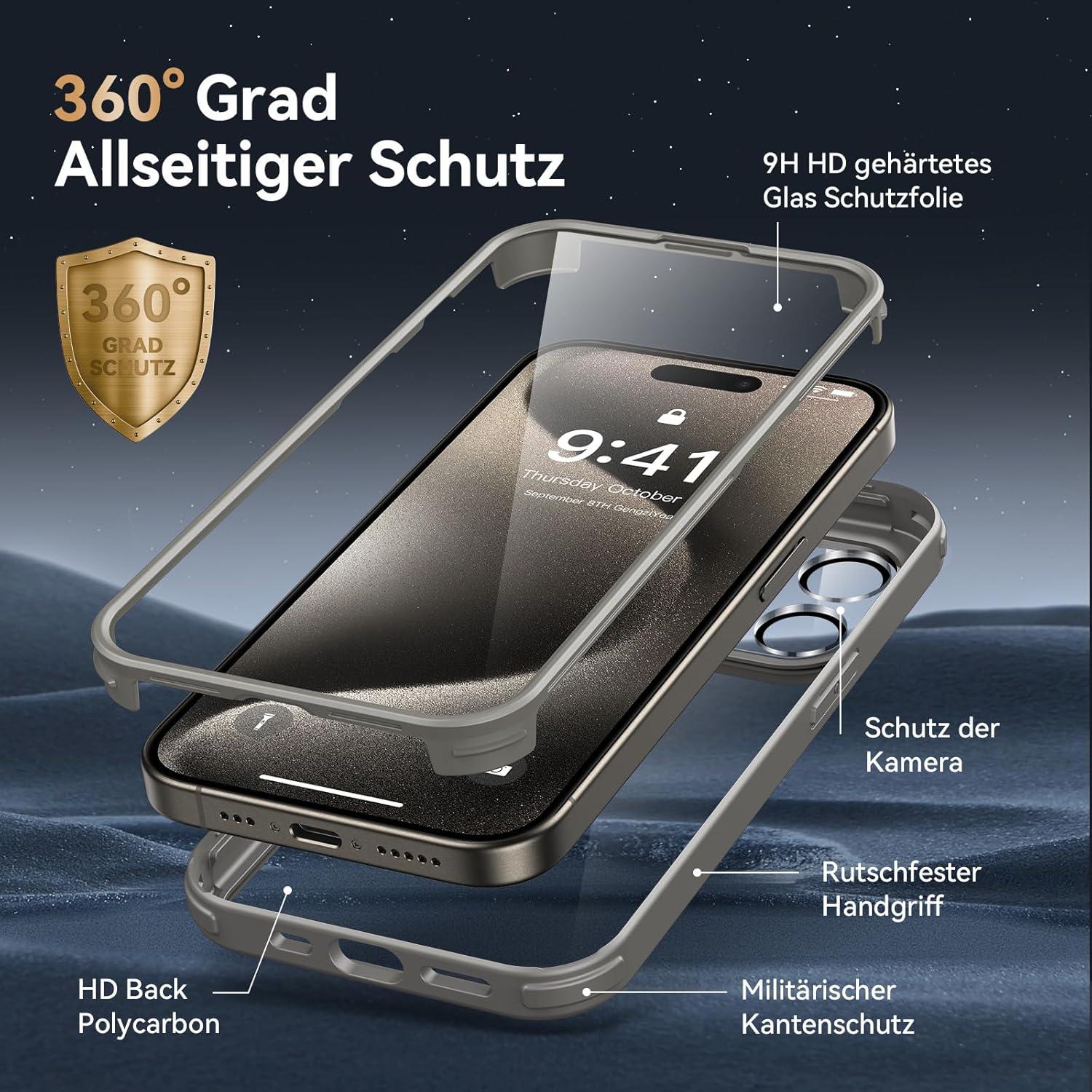 Kmofizle 360 Grad iPhone 15 Pro Hülle Glas Kameraschutz Gray