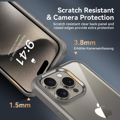 360 Grad Stoßfeste iPhone 15 Pro Hülle mit Glas Schutzfolie Kameraschutz - Grau - 6.1 Zoll