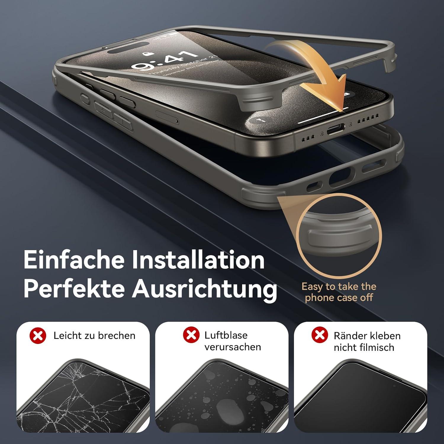 360 Grad iPhone 15 Pro Hülle Glas Schutzfolie Kameraschutz Gray