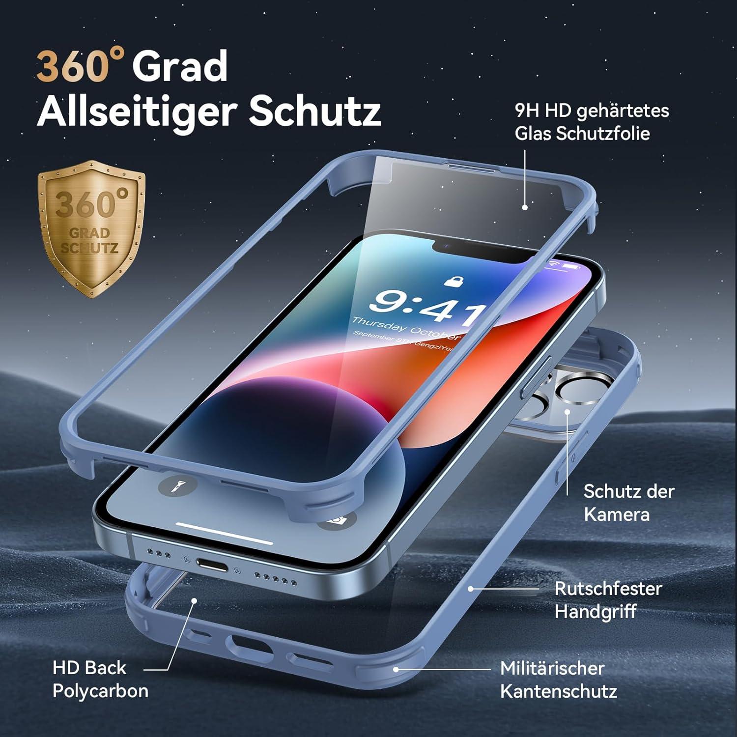 iPhone 14 Hülle 360 Grad Fullbody mit Glas Schutzfolie Kameraschutz