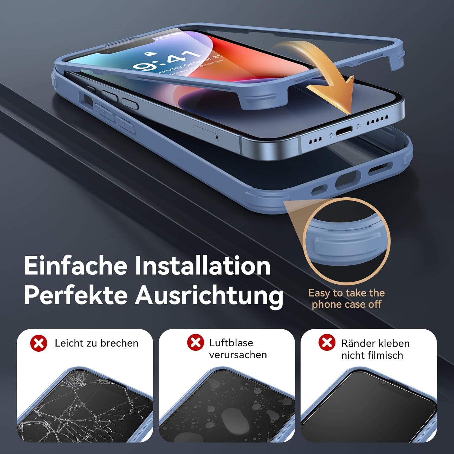 iPhone 14 Hülle 360 Grad Stoßfest mit Eingebautem Glas BLAU