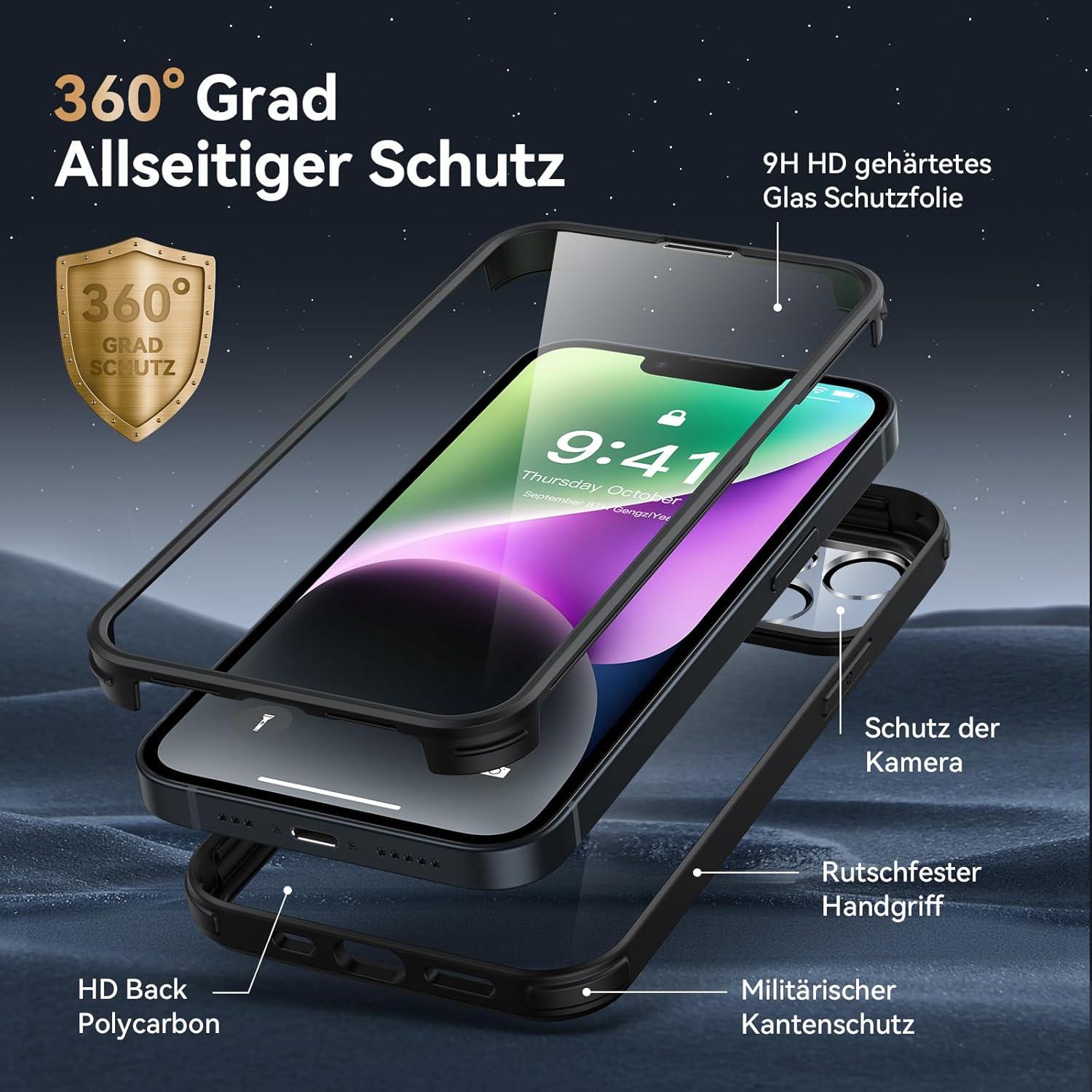 360 Grad iPhone 14 Hülle mit Glas Schutzfolie Kameraschutz