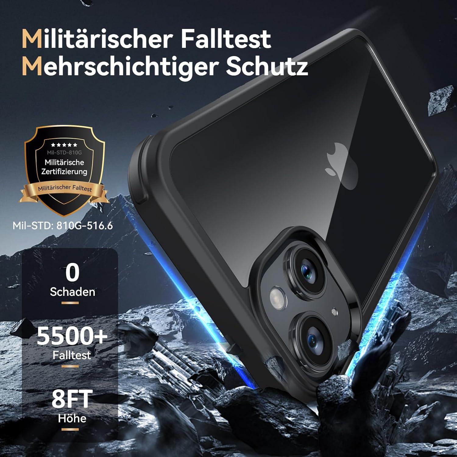 Handyhülle iPhone 14 Schutzhülle 360 Grad Glas Kameraschutz Schwarz
