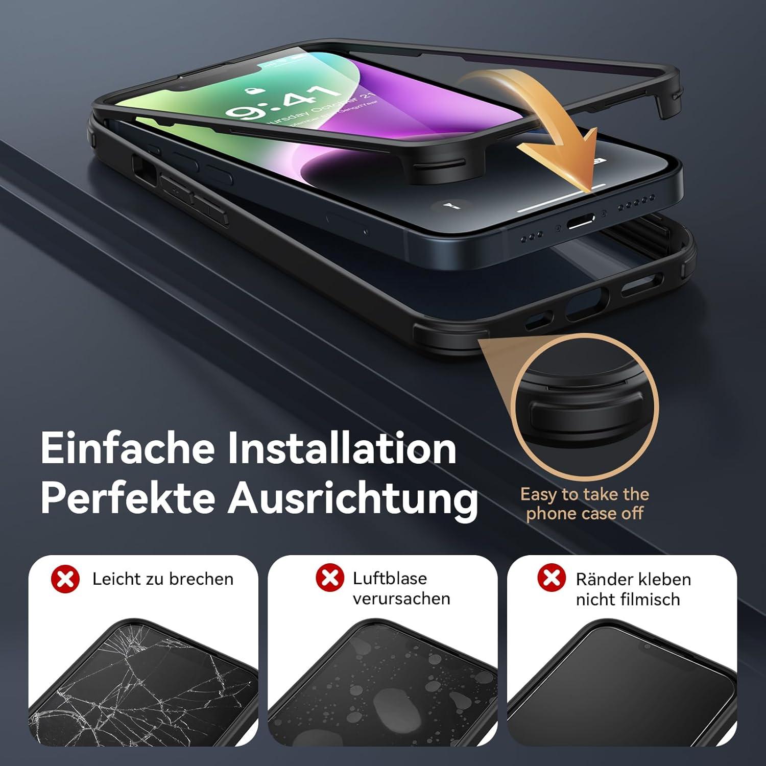 Schwarze iPhone 14 Hülle 360 Grad Schutz Glas Kameraschutz 6.1 Zoll