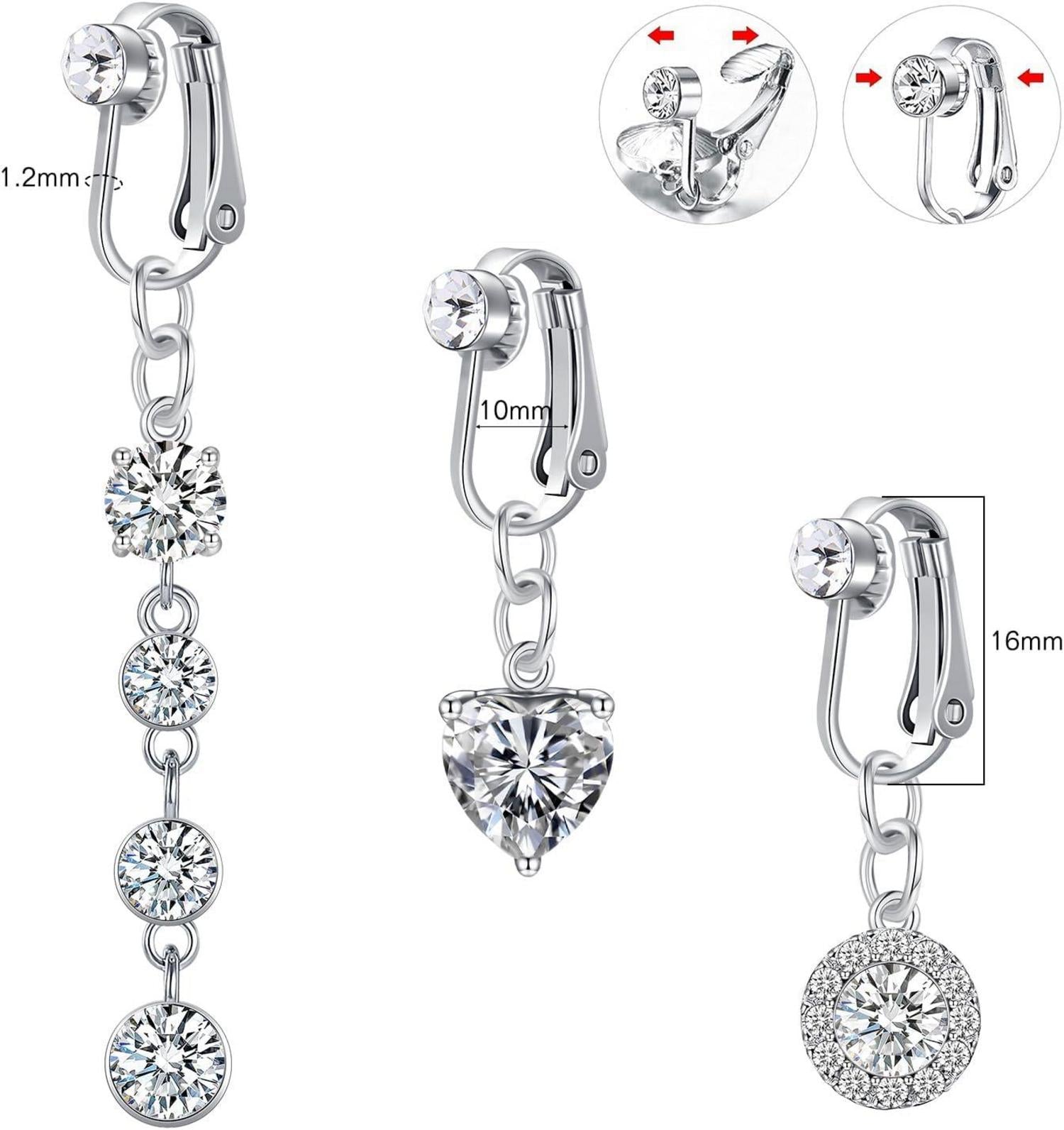 3er Set Silber Fake Bauchnabelpiercing CZ Herz Kristall