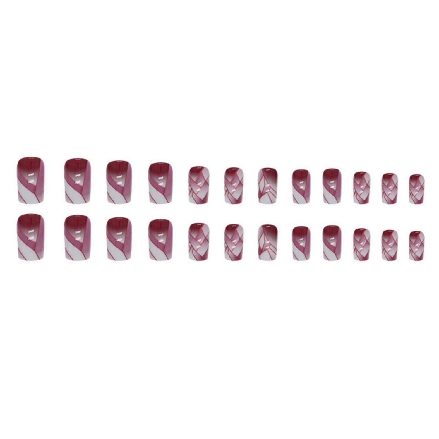 Rot Kunstnägel 24 Stück Kurz Eckig Press on Nails Glossy Stripes Fake Nägel French Square Fingernägel