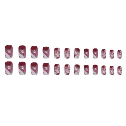 Rot Kunstnägel 24 Stück Kurz Eckig Press on Nails Glossy Stripes Fake Nägel French Square Fingernägel