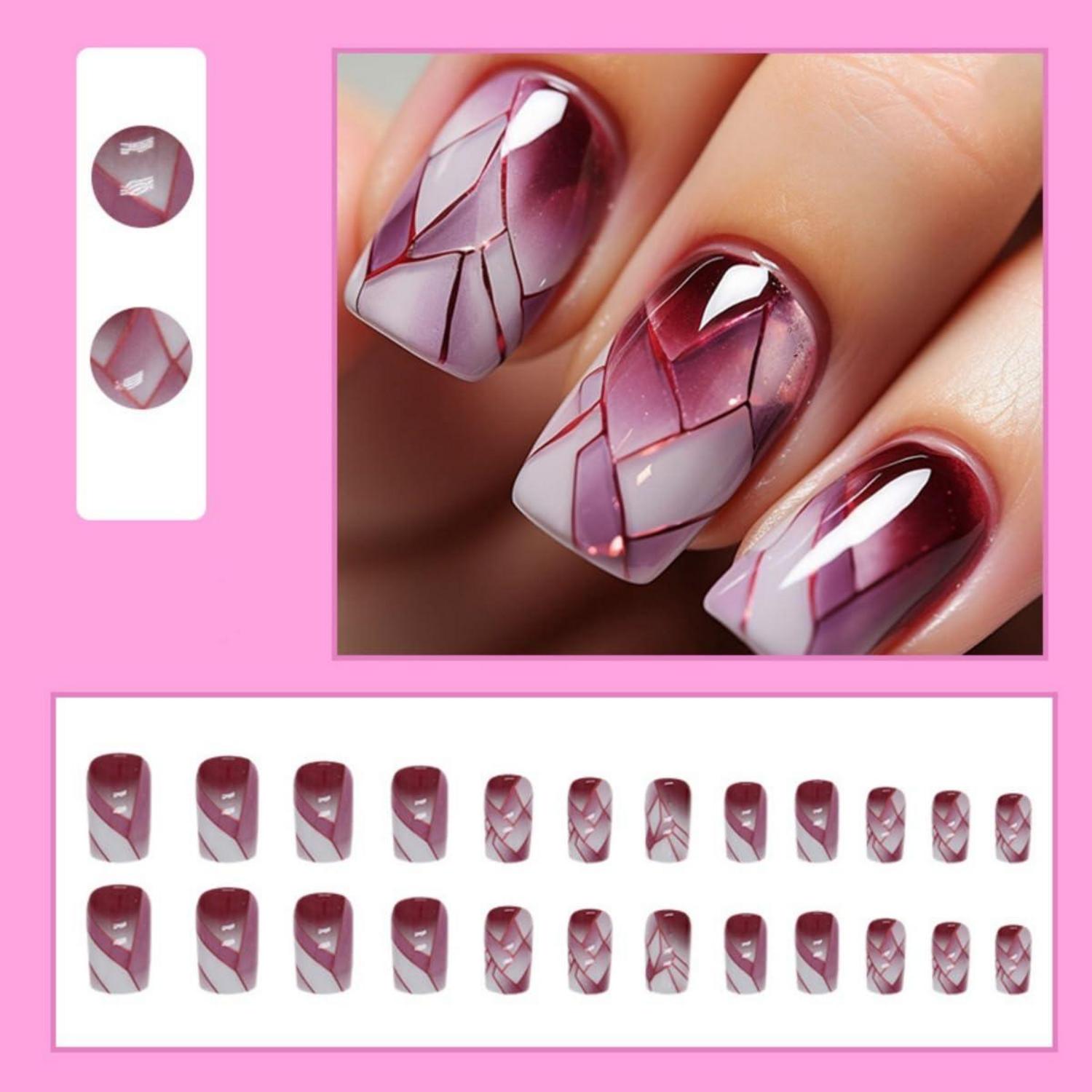24 Stück Burgund Kurze Eckige Kunstnägel Press on Nägel French Square Nails