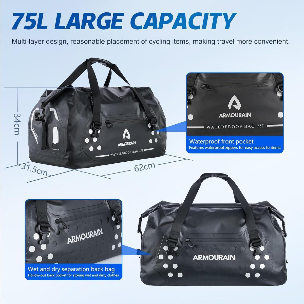 Motorrad Trockentasche 75L Wasserdicht – Reisetasche für Motorrad & Reisen