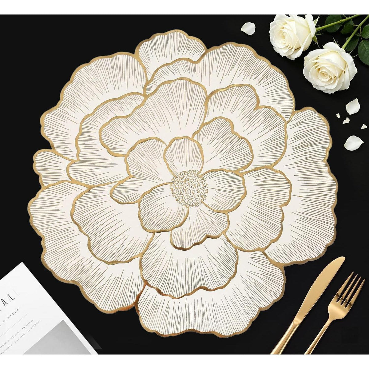Goldene Platzsets 6er Set – Abwaschbare Pfingstrosen Tischsets 38cm